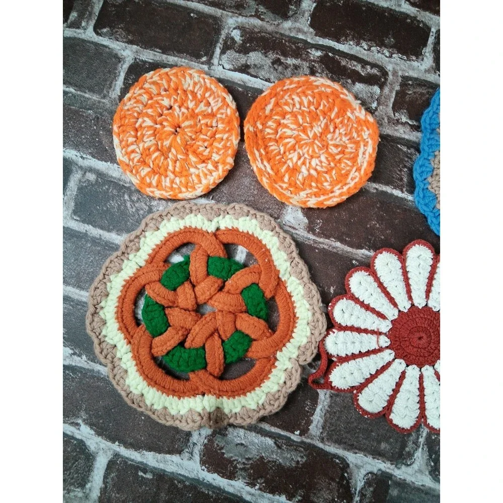 Lot Of 6 Vintage Crochet Pot Holders Trivets Handmade Kitchen Decor 70s 80s